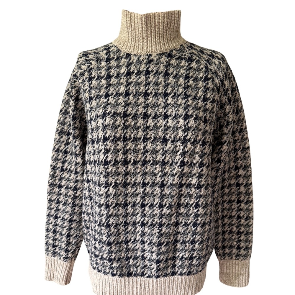 Theory Sweater Houndstooth Wool Mock Neck Navy Blue Cream Medium